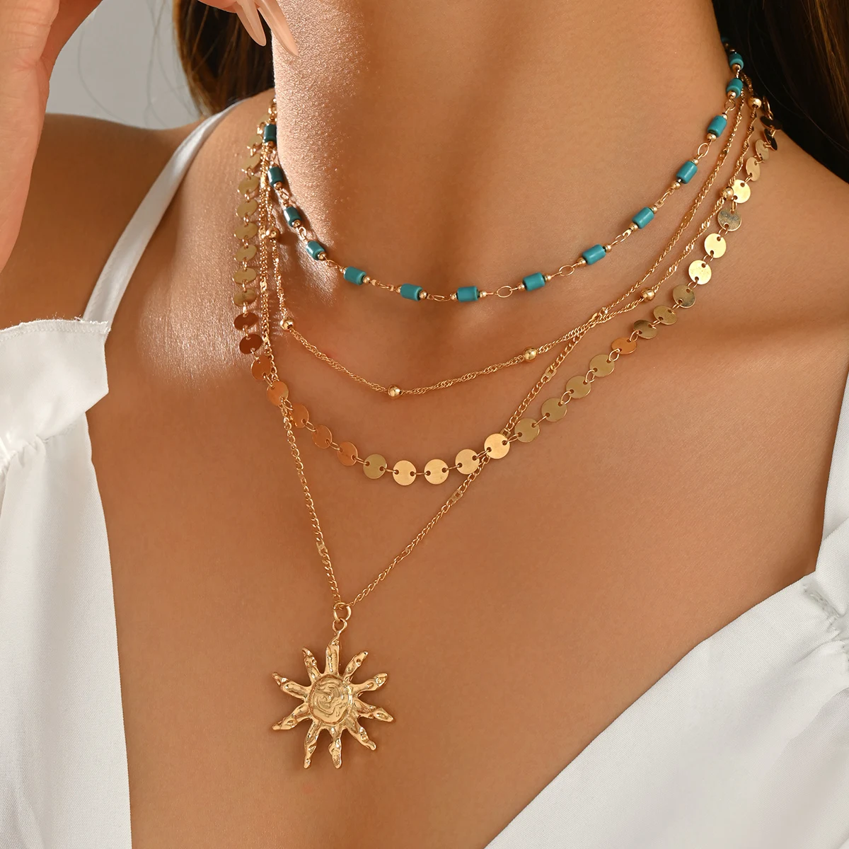 Vintage Multi Layer Sun Char Necklace Imitation Turquoise Bead Sequins Chain Adjustable Gold Ton Women Boho Casual Neck Ornament