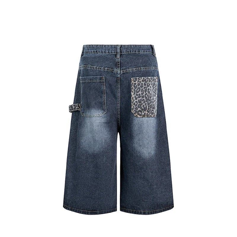 Celana Pendek Pakaian Kerja Denim Sambungan Motif Macan Tutul Celana Capri High Street Amerika Baru Musim Panas Pria Celana Panjang Fashion Longgar Kasual