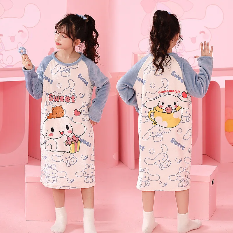 

Sanrio Cartoon Cinnamoroll Nightdress Princess Winter Thickened Flannel Children's Nightgown Little Girls' Homewear Nightgown