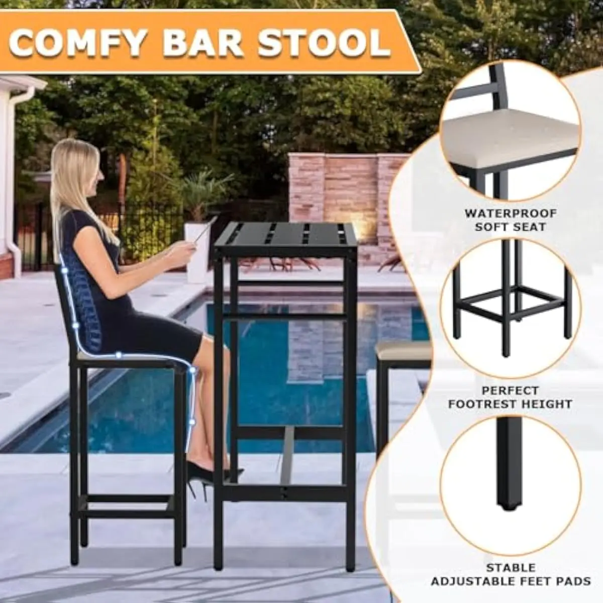 Outdoor 3-Piece Counter Height Bar Set – Matte Black Metal Table 50 Inches + 2 Ergonomic Stools 41 Inches with Dense Foam Cushio - view 2
