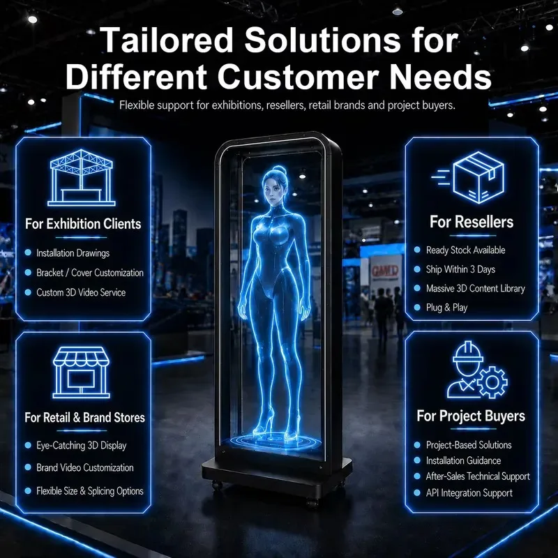 1*3 Human Size and 65cm 3D Hologram Fan LED Display with Custom Rack Acrylic Case 4K for Splicing Video Wall Hologram Fan