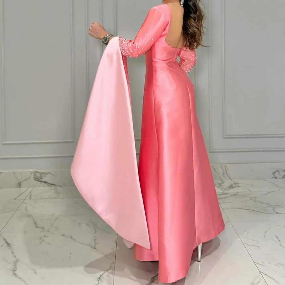 Customized Modern Satin A-Line Crystal Evening Dress Crew Neck 3/4 Sleeves Backless Special Occasion Gowns Photo Color Sexy