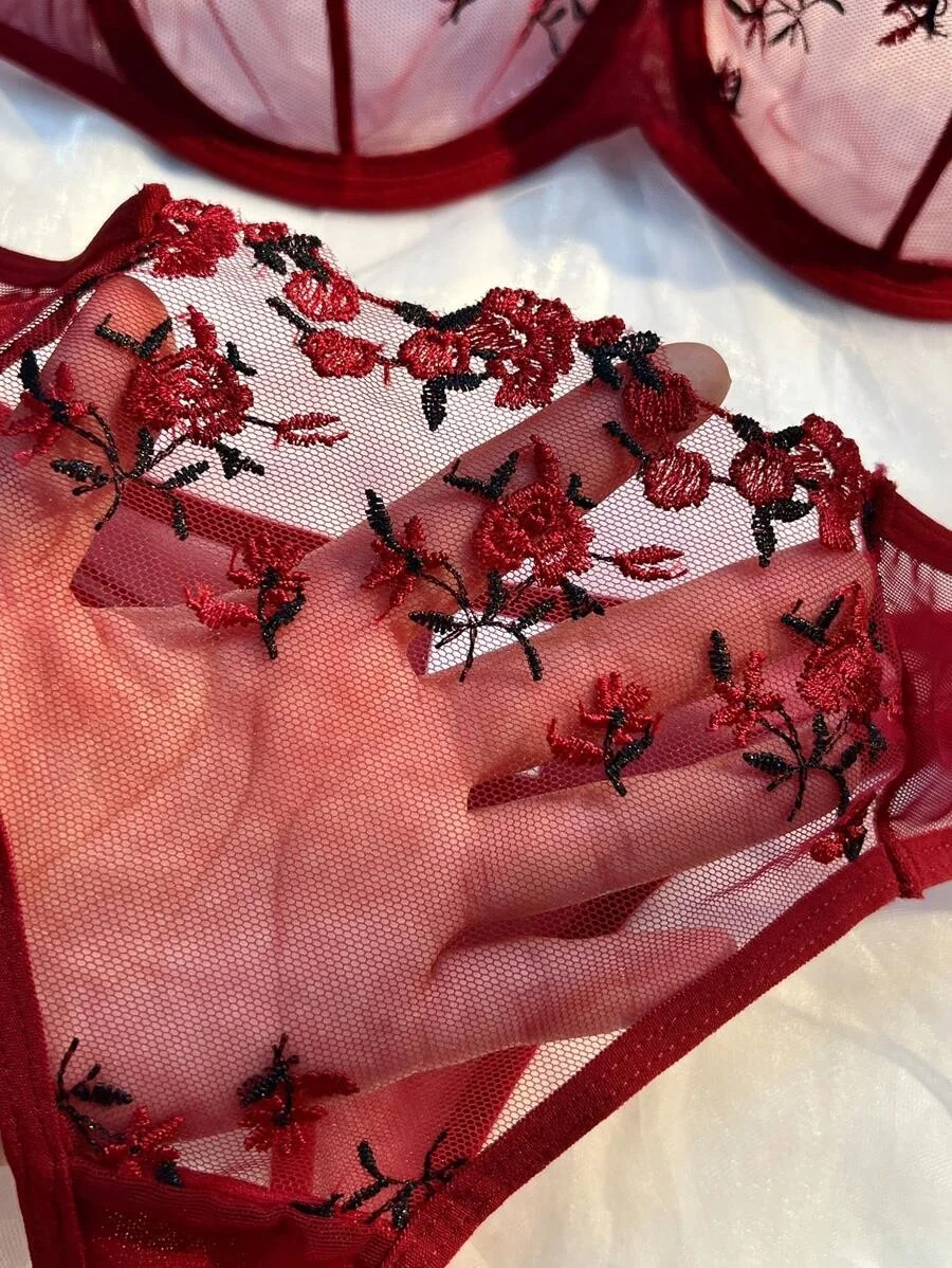 New Wine See Trough Lingerie Two Piece Set Thong Women Intimates Push Up Bras Everyday Embroidery Printing Bowknot Underwear image 6