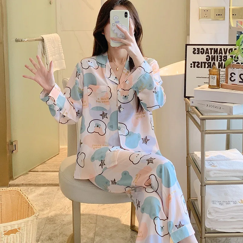 Japanese Small Floral Girl's Cotton Silk Suit Long Sleeve Thin Style Lapel Casual Comfortable Home Wear Viscose Cardigan Spring