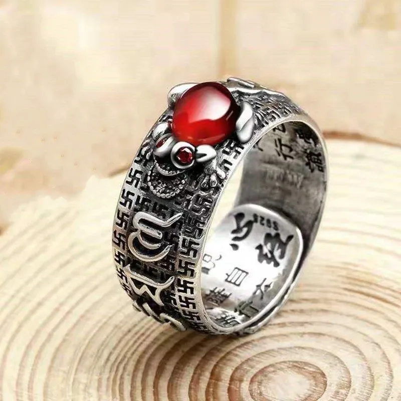 BOCAI 2023  NEW  S925 Sterling Silver Retro Fashion Art Jacinth PiXiuToad Heart Sutra Open Ring Men and Women