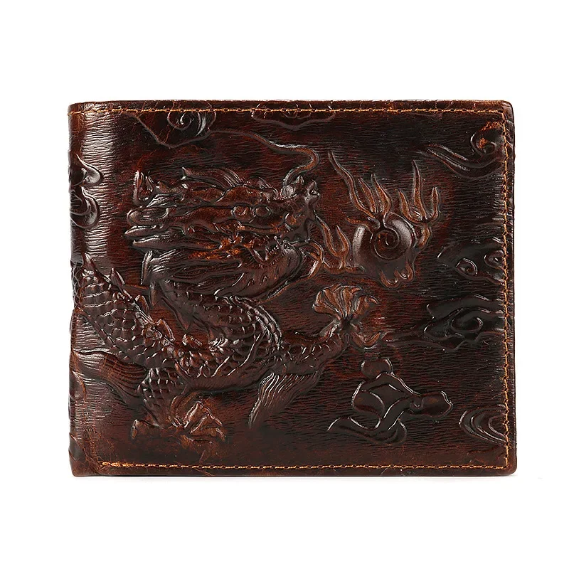 

Genuine Leather Short Wallet Fashion 3D Dragon Embossed Purse Cowskin Leather Men Purse Card Wallet Bifold Wallet with ID Window