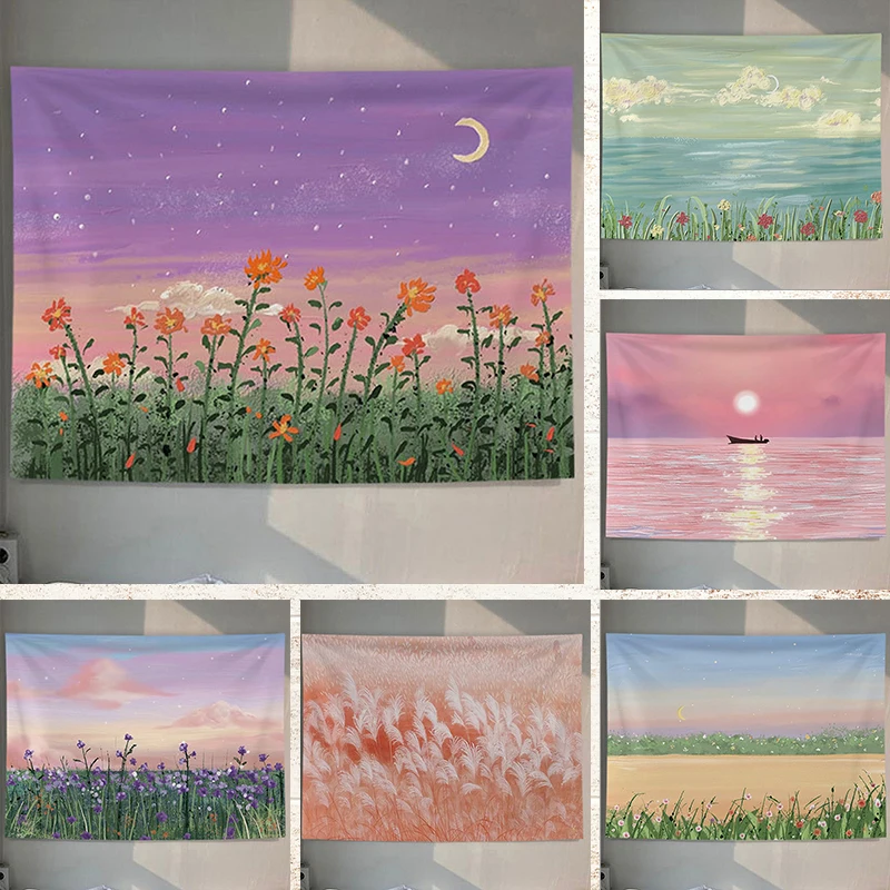 Field lakeside scenery tapestry room decoration beautiful  wall hanging    girl pink