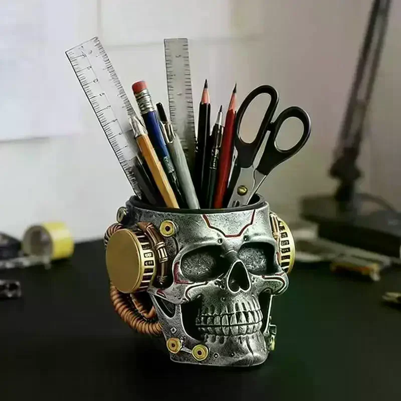 Mechanical Style Skull Pen Holder For Home, Bedroom, Study, Desktop, Unique Multi-functional Storage Bucket