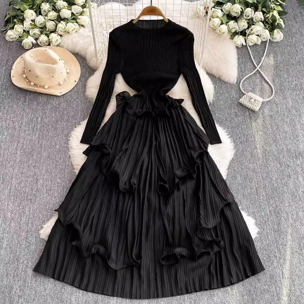 Elegant Oversized Long Sleeve Pleated Draped Women O-Neck Ruffles High Sretch Party Robe Vestidos Ladies Spring Summer Clothing