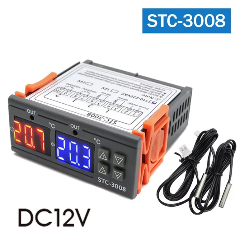 المزدوج الرقمي STC-3008 متحكم في درجة الحرارة اثنين التتابع الناتج سخان ترموستات مع التحقيق 12 فولت 24 فولت 220 فولت ثلاجة المنزل حرارة باردة