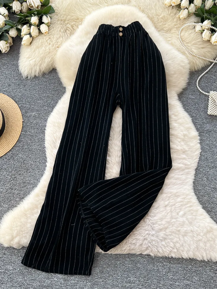 Korean version high waisted striped double button wide leg pants women in spring new elastic waisted loose casual pants
