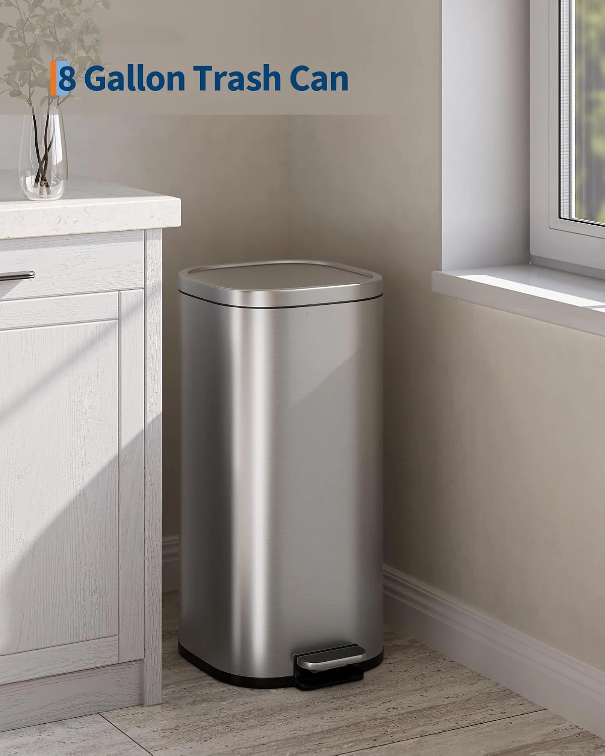 30L Stainless Steel Step-On Kitchen Trash Can with Soft-Close Lid, Smudge-Proof & Fingerprint Resistant, Removable Inner Bucket