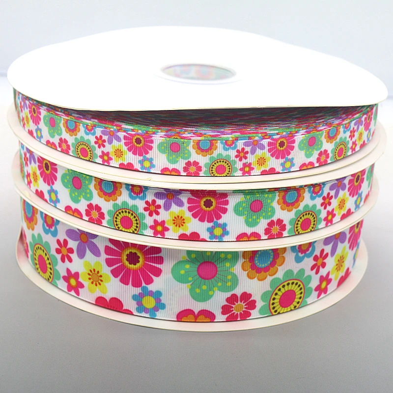 DUWES 50yards Flowers Printed Grosgrain Ribbon Accessories Material Headwear Decoration DIY Sewing Craft D1828