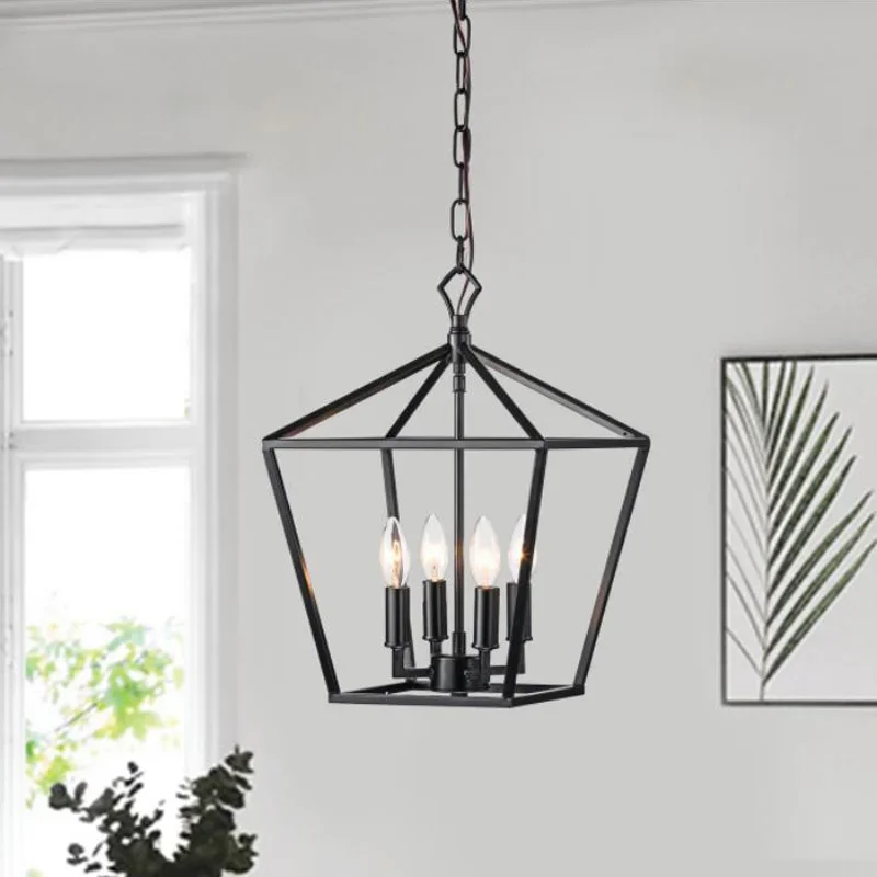 American Designer Restaurant Lamp Rectangle Creative Simple Rustic Industrial Style Black Living Room Bedroom Candle Chandelier