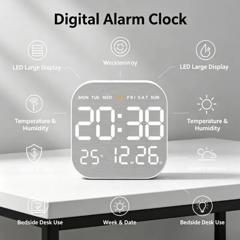 Hanging Indoor Temperature Humidity Meter Multifunctional Digital Alarm Clock Electronic Display 24H Clock Home Decor