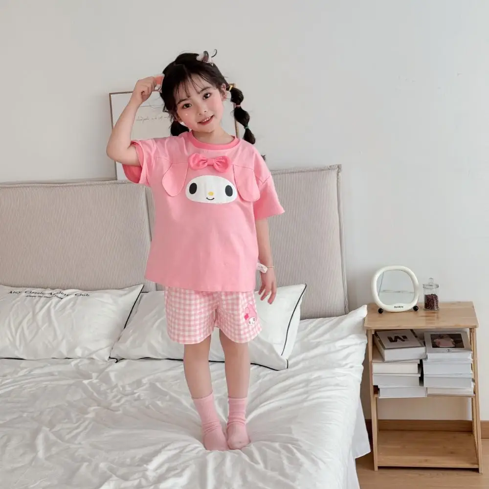 

Sanrio Kuromi My Melody, комплект шорт с короткими рукавами для девочек, летняя футболка с героями мультфильмов, топы, милая кавайная домашняя одежда, детские пижамы