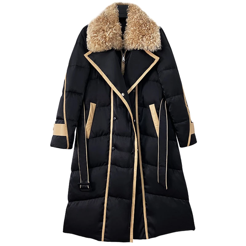 Black Contrasting colors Down Jacket Women Winter 2024 New Design Korean Long Duck down Coats Female Thicken Parkas Overcoat