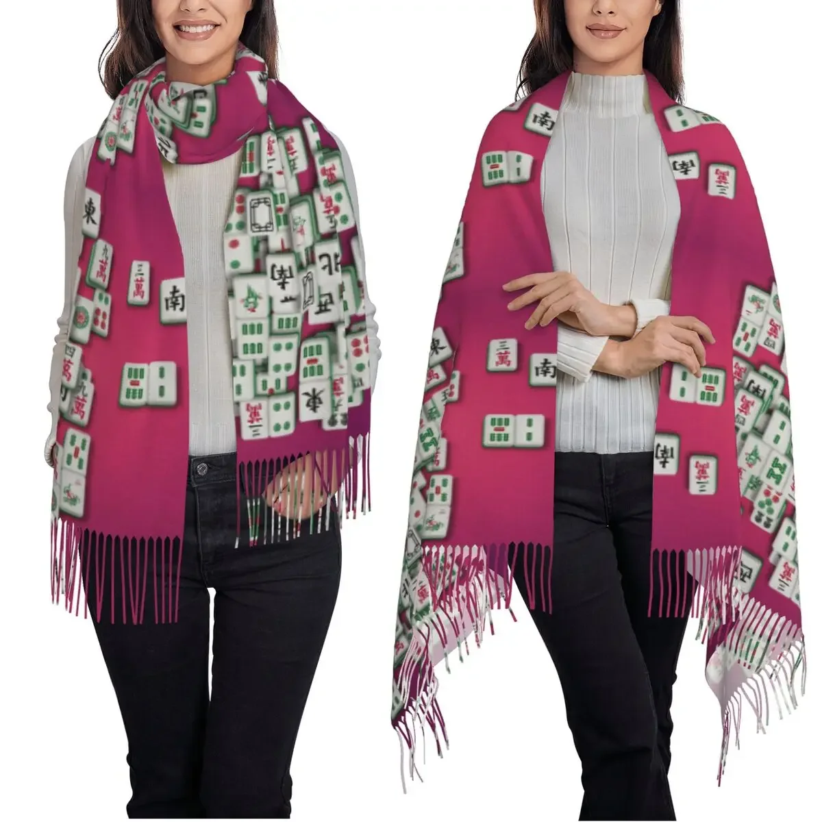 Customization Mahjong Tile Pattern Scarf Tassel Scarves For Women Soft Warm Shawls And Wraps Long Fall Winter Shawl Wrap