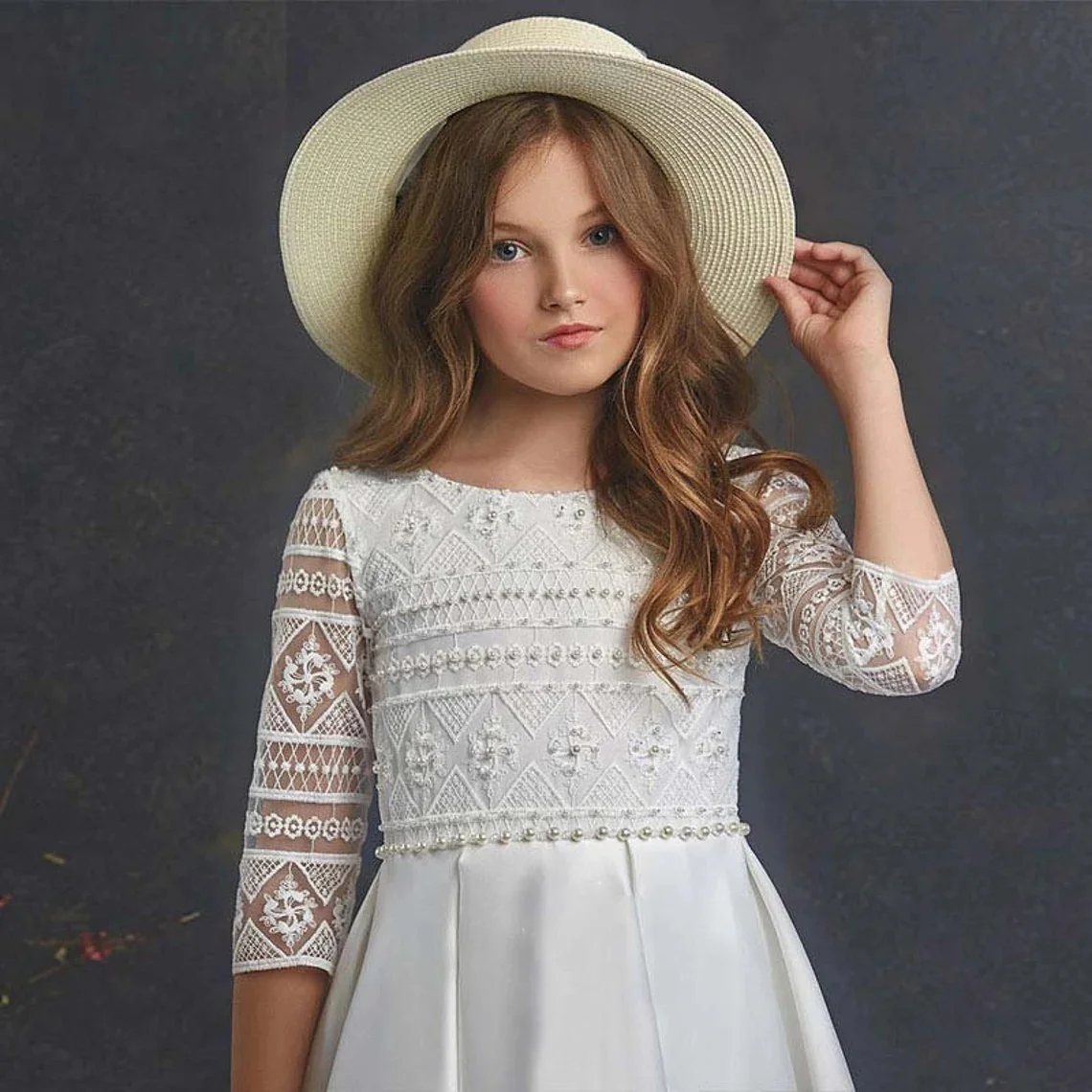 Elegant Satin First Communion Dress Long Pearls Lace Flower Girl Dresses 3/4 Sleeves Princess Children Wedding Concert Dress