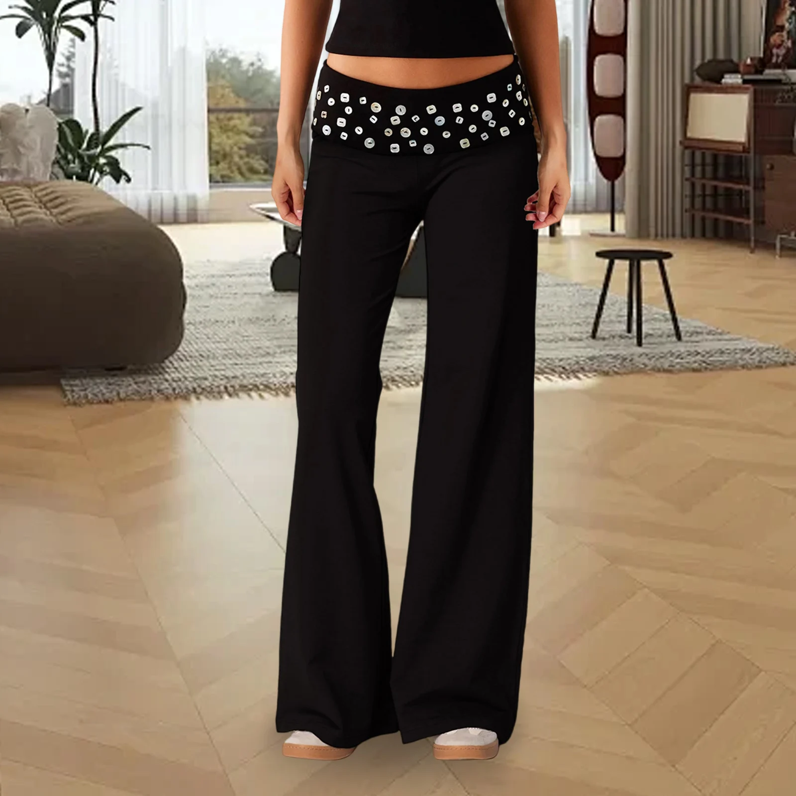 Damen-Hose mit Pailletten und weitem Bein, modische, lässige, lockere Hose mit elastischem Bund für den Alltag