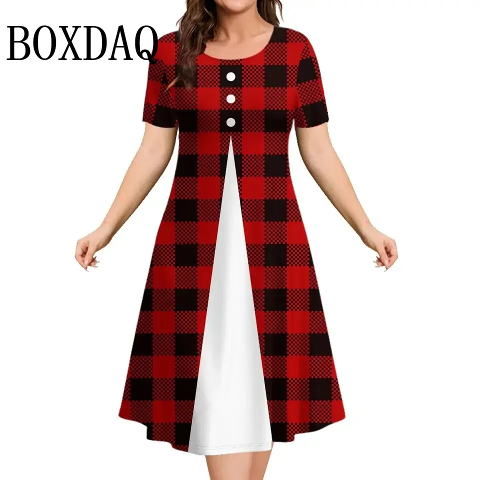 Vintage Plaid Striped Printed Womens Dresses Summer Casual Round Neck Short Sleeved Loose Dress Fashion Clothing Plus Size 9XL