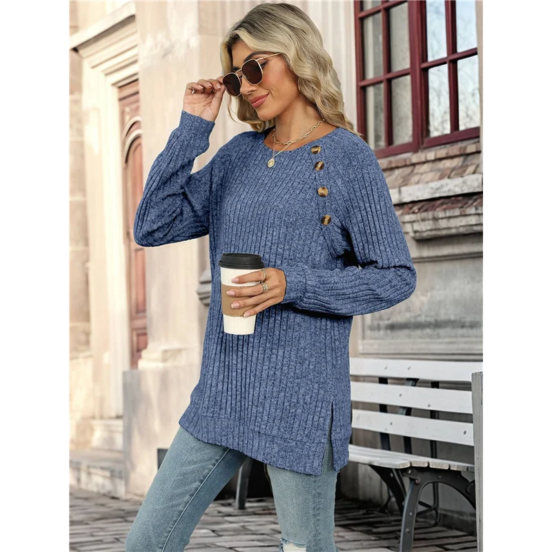 ASDS-Женские рубашки с длинными рукавами, легкие туники с декором на пуговицах, топы с разрезом по бокам