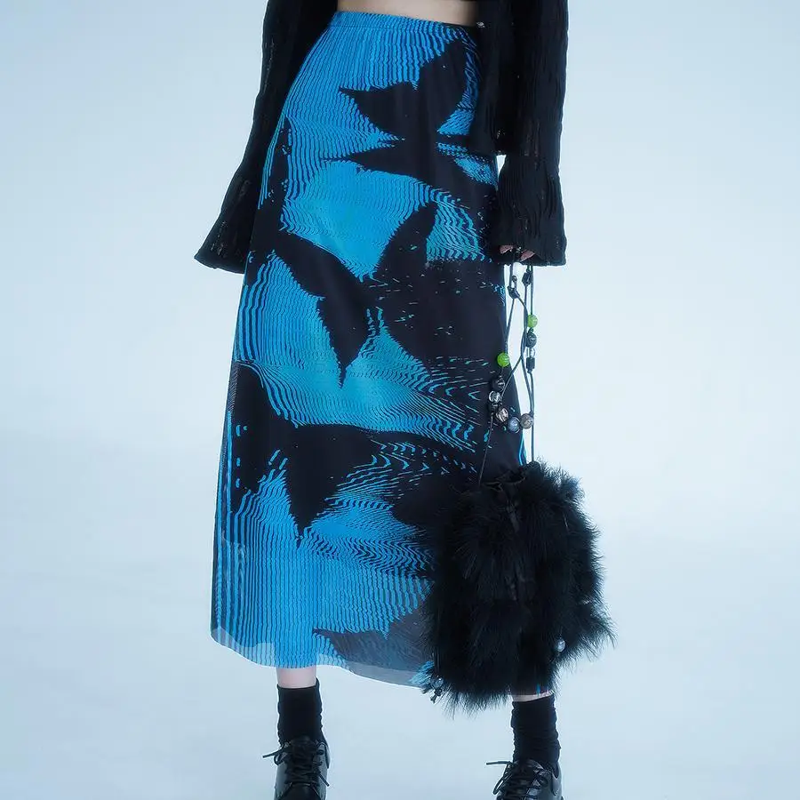 Blue Black Butterfly Print Mesh New Chinese Style Skirt