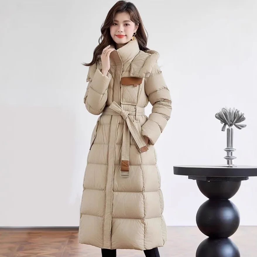 2025 여성용 다운 재킷 신상 가을 겨울 코트 후드 롱패딩 벨트 여성용 두꺼운 따뜻한 루즈핏 다운 파카 아우터