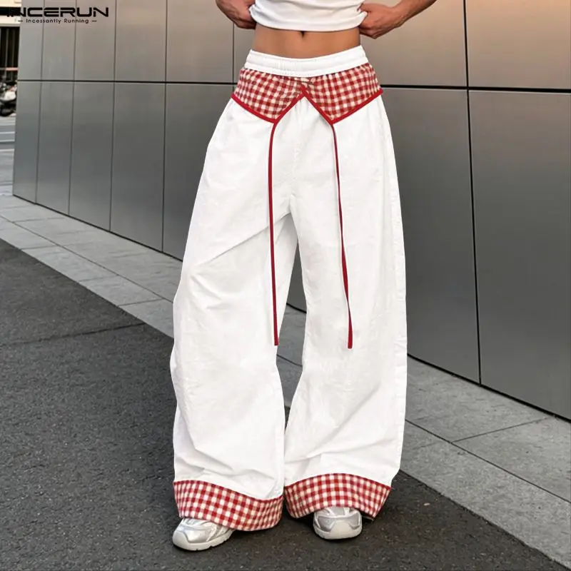 INCERUN Men Pants Plaid Patchwork Elastic Waist Joggers Wide Leg Pants For Man Streetwear Loose 2026 Casual Pantalones Trousers