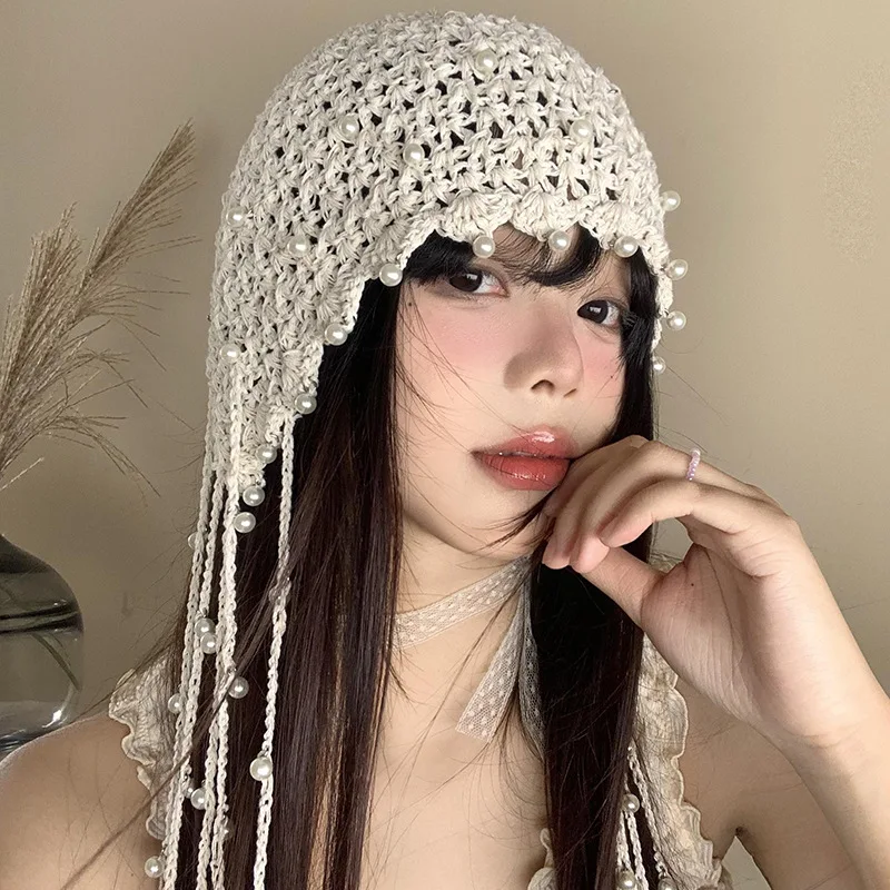 Hollow Out Pearl Tassel Pendant Headband Hat For Women, Summer Ethnic Style Knitted Pullover hat, Retro Face Enhancing Small Hat