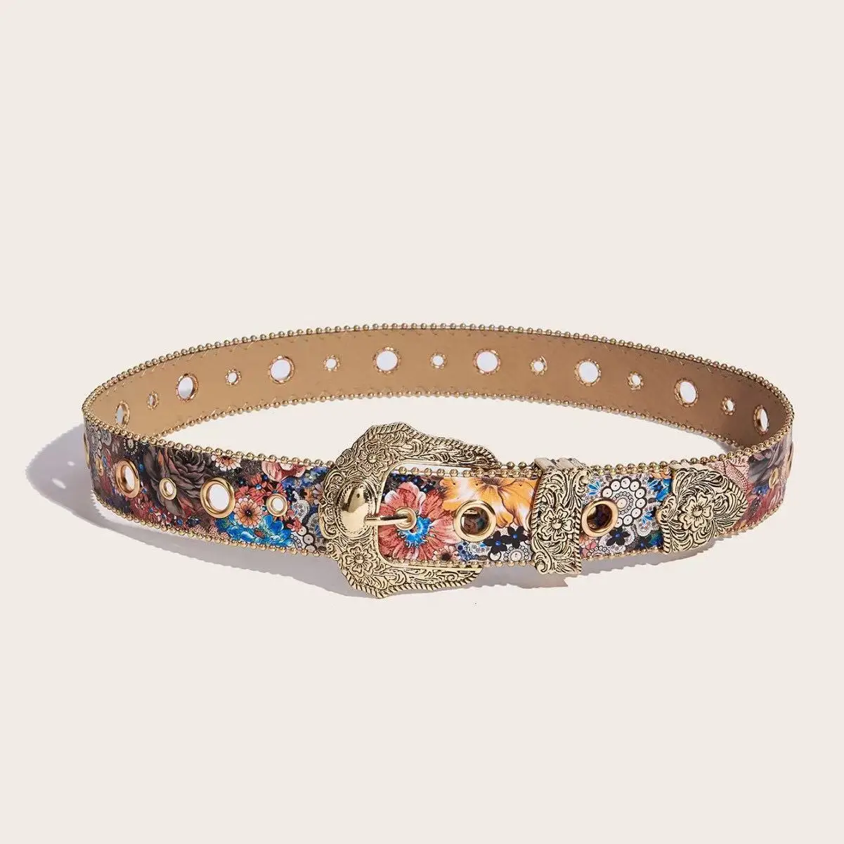 

Boho Adjustable Women's Belt PU Leather Eye-catching Floral Printed Waistband Carved Buckle Vintage Cowgirl Belt for Jeans Pants