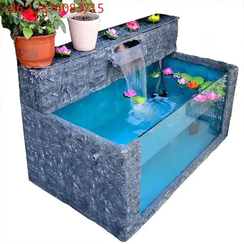 Large water-free panoramic glass fish pond rockery flowing water landscape courtyard sub-ecological fish tank ornament