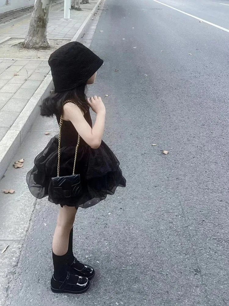 

Summer Princess Dress for Baby Girls Puffy Black Swan Strap Sundress Korean Style Little Black Dress Silk Material Other 100%