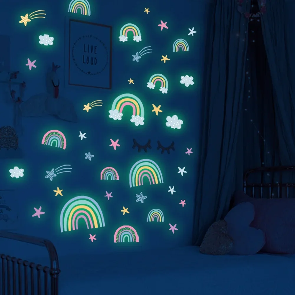Cartoon Rainbow Cloud Luminous Wall Stickers For Kids Rooms Bedroom Home Decortion Wall Decals Glow In The Dark Stars Stickers