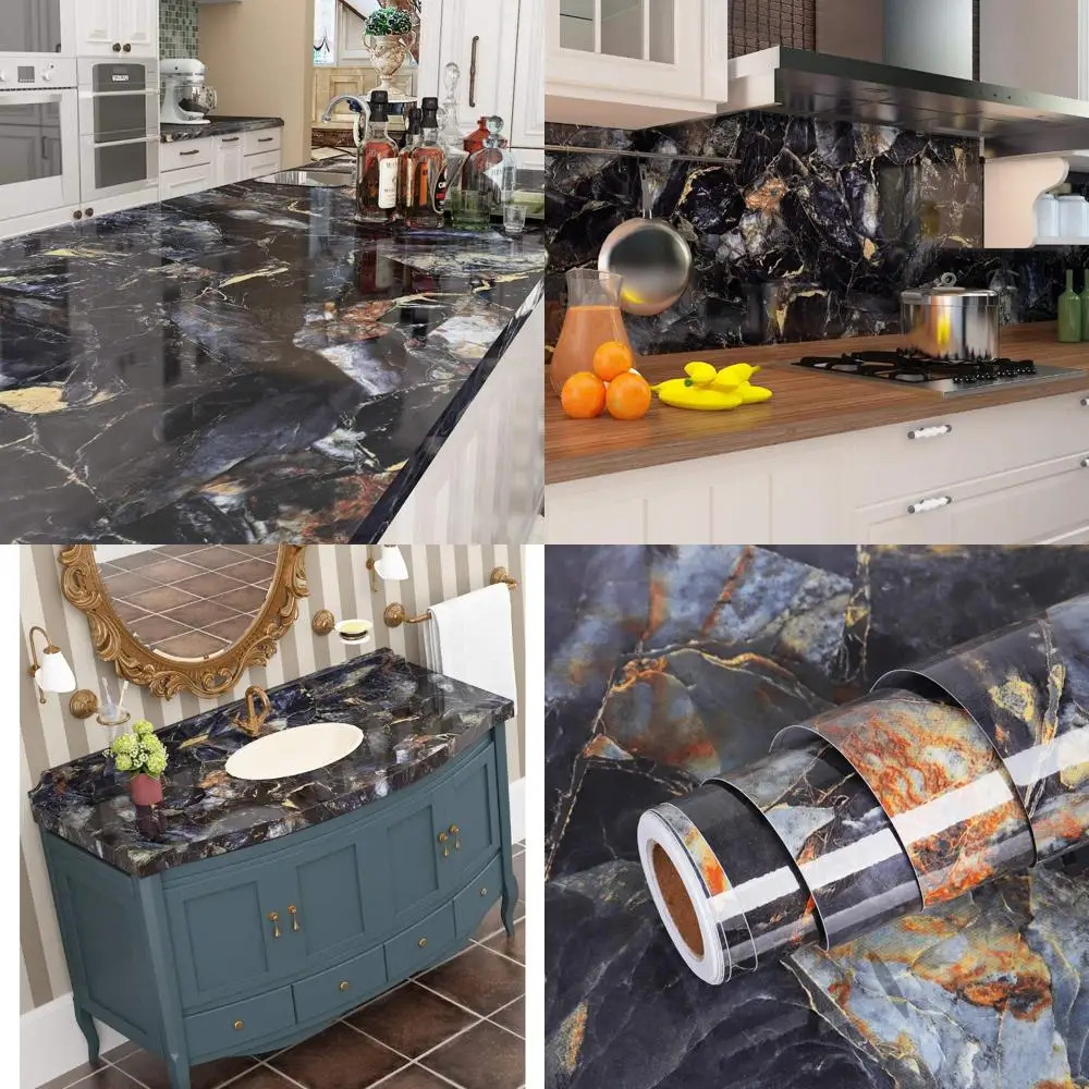 Black and Gold Marble Peel and Stick Contact Paper Waterproof Kitchen Countertop Cover 36 Inch by 197 Inch for Table