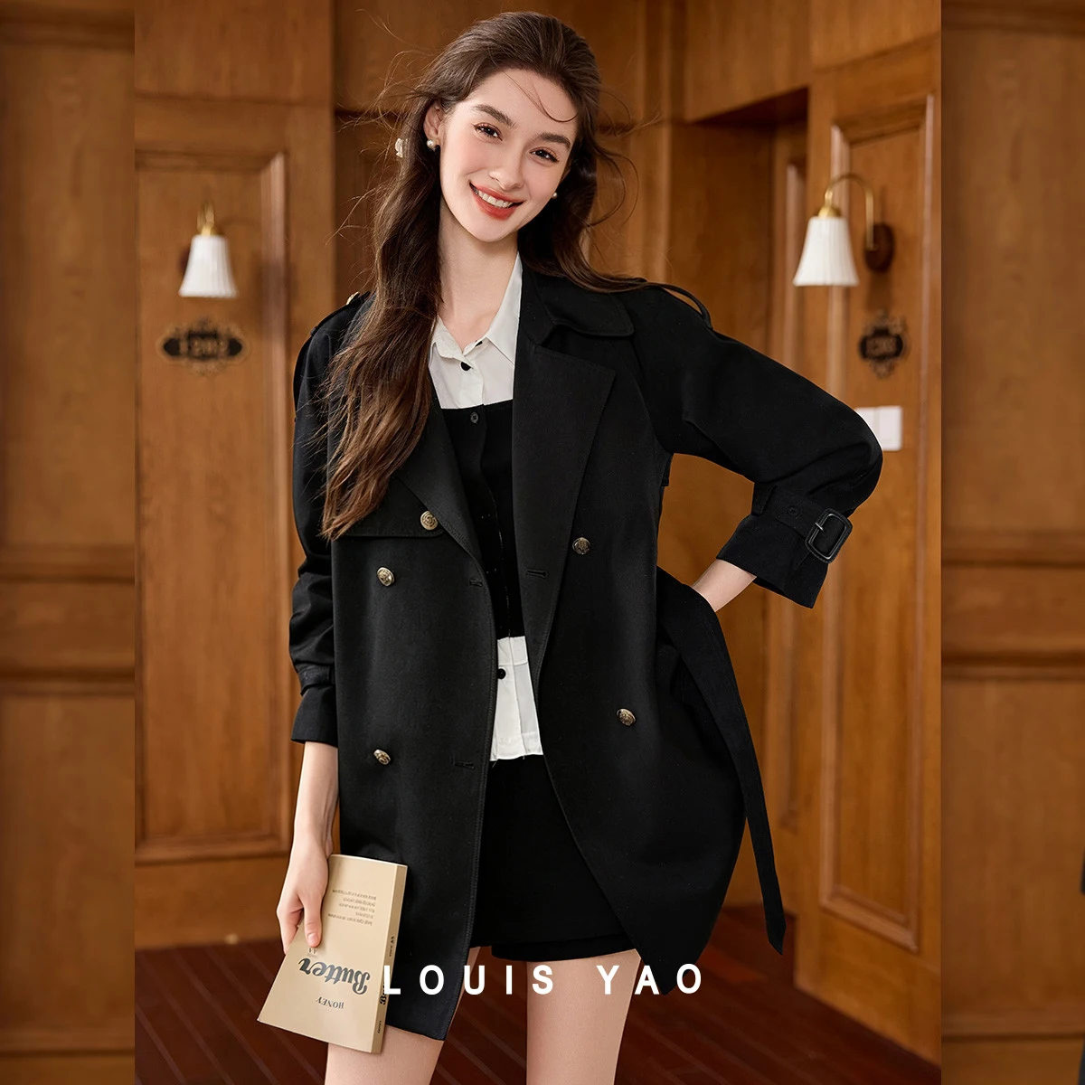 LOUIS YAO Vintage Women's Trench Coat 2026 Autumn Minimalist Raglan Sleeve Notch Lapel Double Breasted Solid Color Jackets