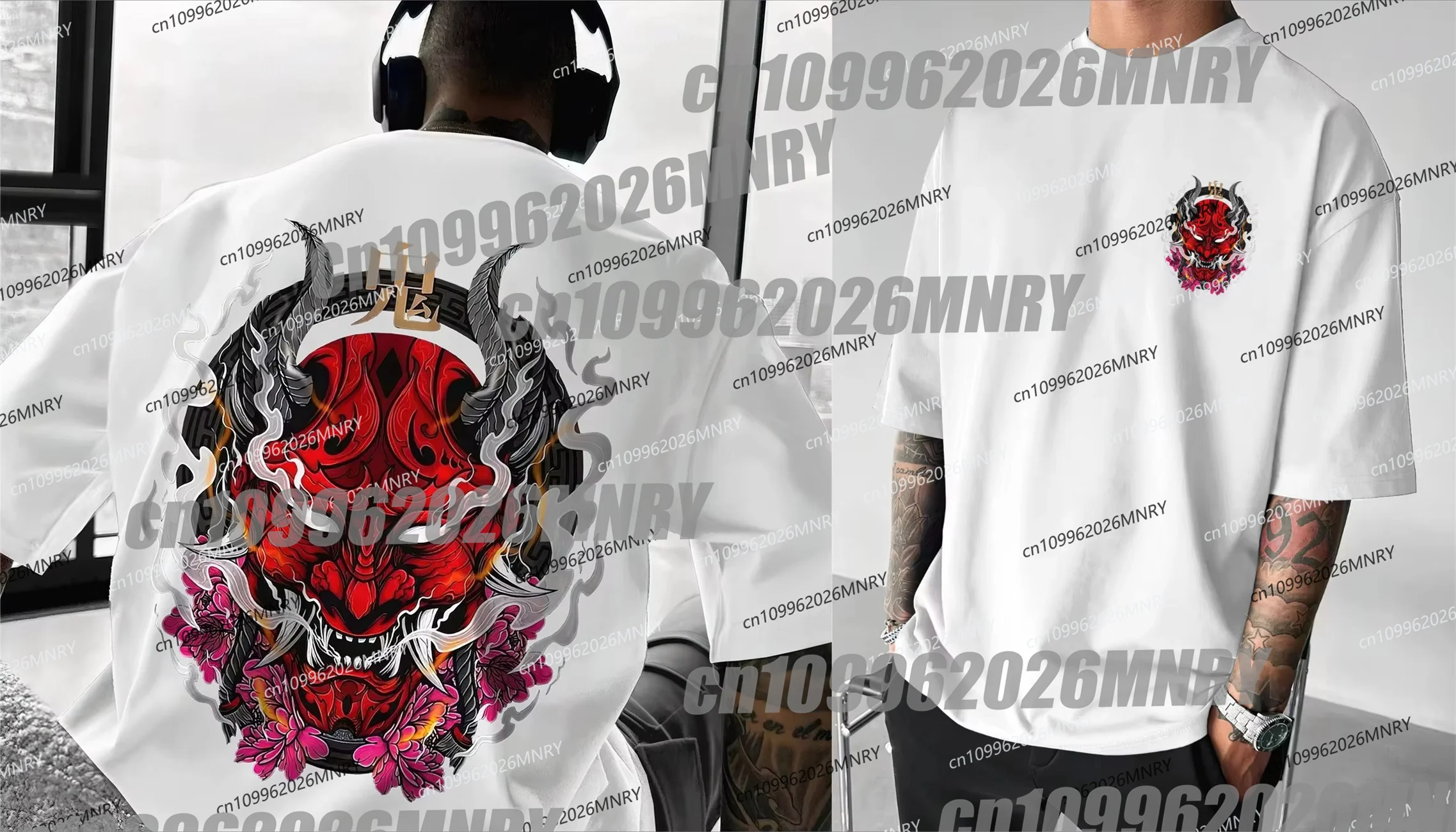 Summer Red Black Demon Oni Mask Graphic T-Shirt For Men Korean Pop Short Sleeve O-neck Tees cycling Male Clothes Oversized Tops