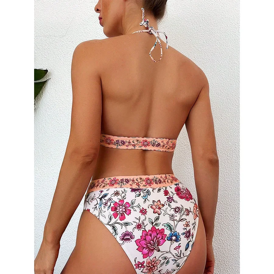 2025 Sexy Bikini-Set mit hoher Taille, Blumendruck und rückenfreiem Design, verstellbares Dreiecksoberteil und freche Unterseite für Damen, Sommerurlaub