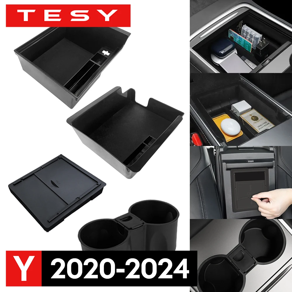 For Tesla Model Y 2020-2024 Hidden Storage Box Car Center Console Armrest Front and Rear Flocking Layered Organized Container