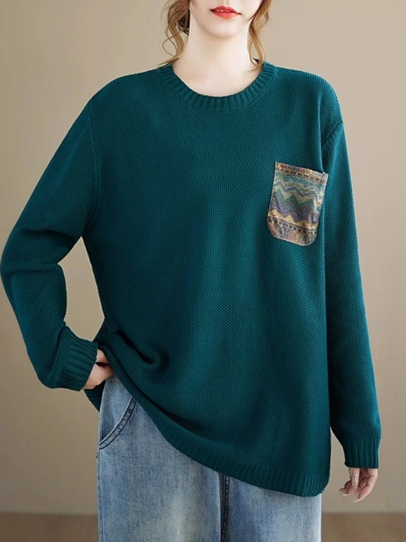 2025 Autumn Spring New Cotton Knit Sweater Women's Floral Patch Pocket Loose Casual Round Neck Base Shirt Pullover Top w1309