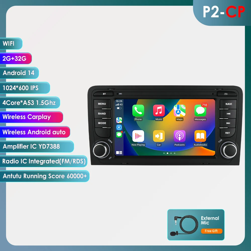 Hizpo 7 inch 2Din Android Auto & Carplay autoradio voor Audi A3 2 8P 2003-2013 S3 2006-2012 RS3 2011 2012 GPS speler 4G WiFi multimediasysteem audiosysteem 8+128G