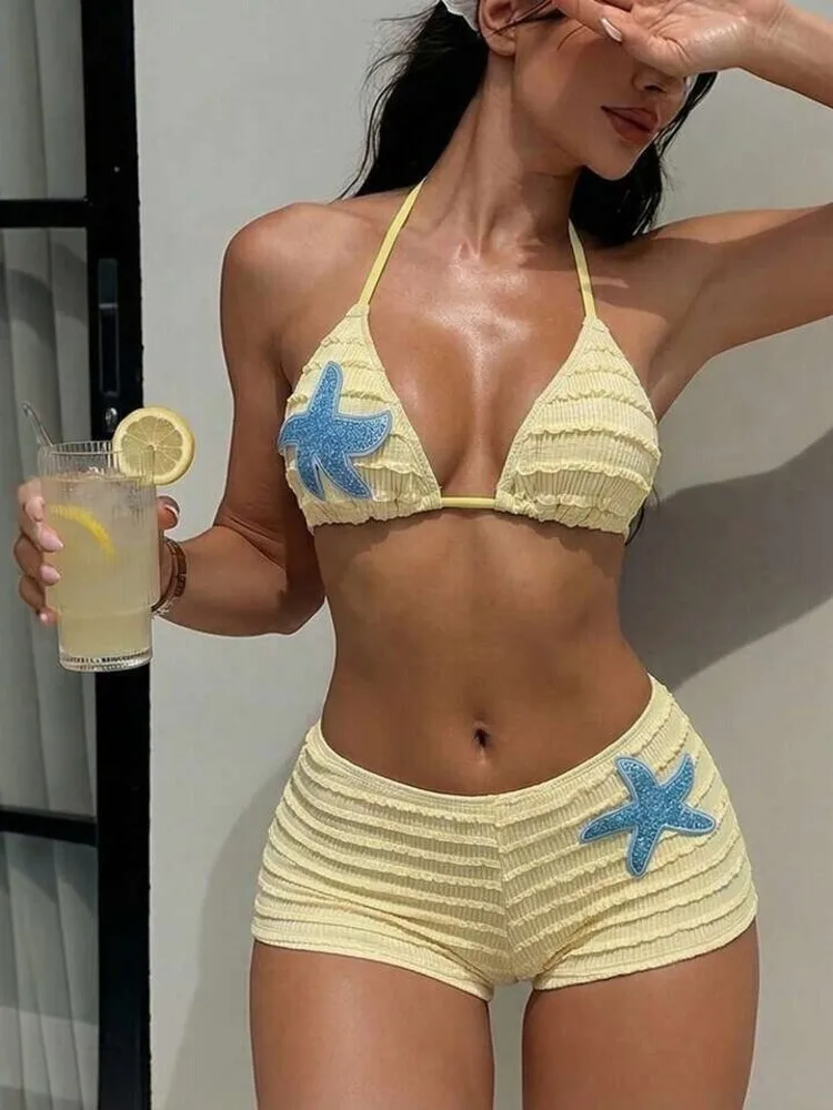 

2026 New Beach Vacation Bikini Sets Woman Summer Tie-strap Sequin Starfish Decoration Two-piece Swimsuit