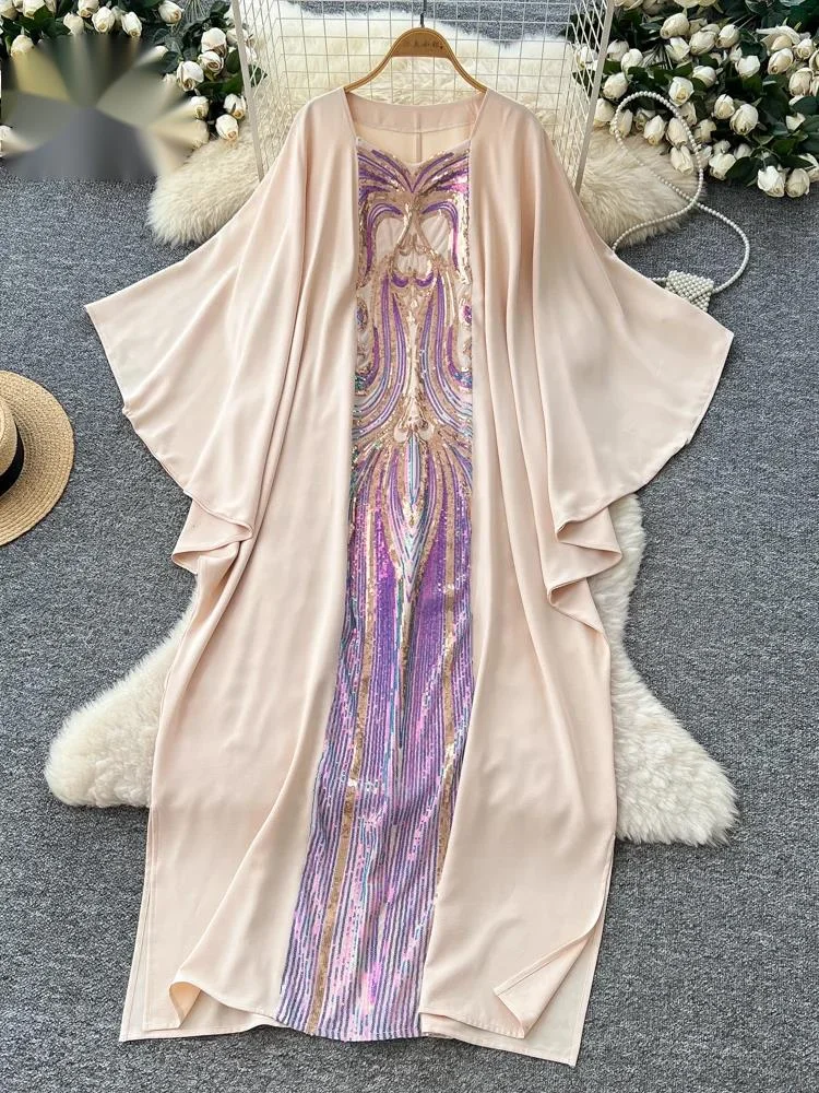 

Sequins Party Dress High Quality Batwing Sleeve Loose Fashion Spliceb Baggy Women Ethnic Style Gowns