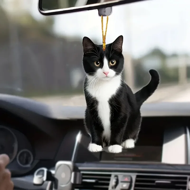 2D Acrylic Plush Black and White Cat Small Decorative Pendant for Car Rearview Mirror Car Decoration Pendant for Pet Enthusiasts