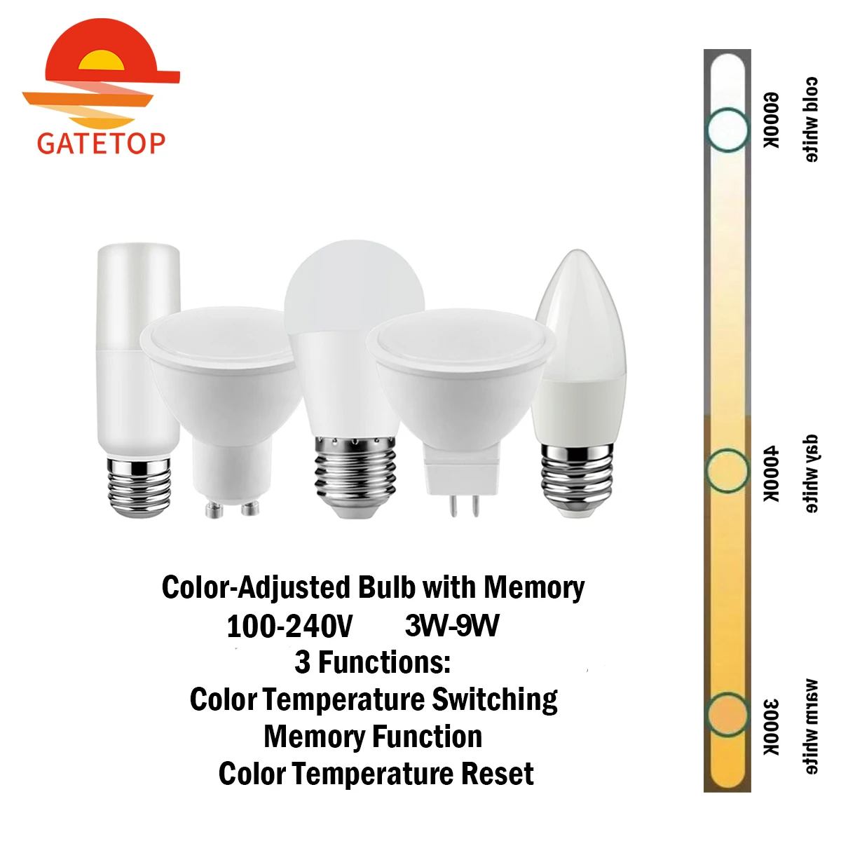 Lâmpada LED ajustada a cores para iluminação de interiores, função de memória, temp reset, ac 120v, ac 220v, 3w-9w ct, 5pcs