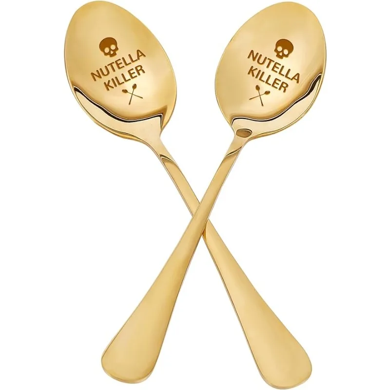 2Pcs Nutella Killer Spoon with Gift Box Golden Engraved Stainless Steel Table Spoons for Friends Families Festival Christmas Bir