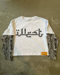 Camouflage splicing shirt women's T-shirt Y2k street fashion men's American casual printed long-sleeved retro Harajuku loose top
