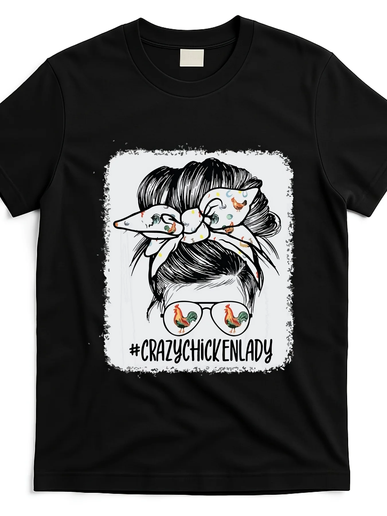 Men's & Women's Crazy Chicken Lady Graphic T-Shirt - Retro Messy Bun Hair & Chicken Print Short Sleeve Tee, 100% 220G, Funny Farm Theme Casual Shirt