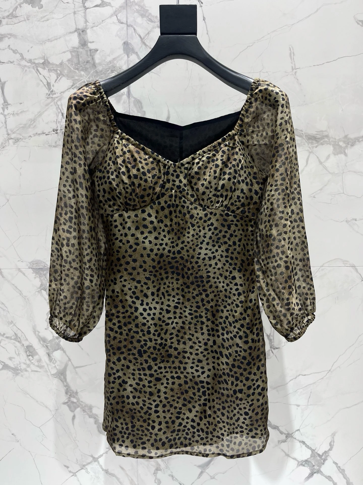 

100% Real Silk Sexy Leopard Print Bodycon Dress Sweetheart Neck Puff 3/4 Sleeve Sheer Chiffon Short Club Mini Dress Casual Chic