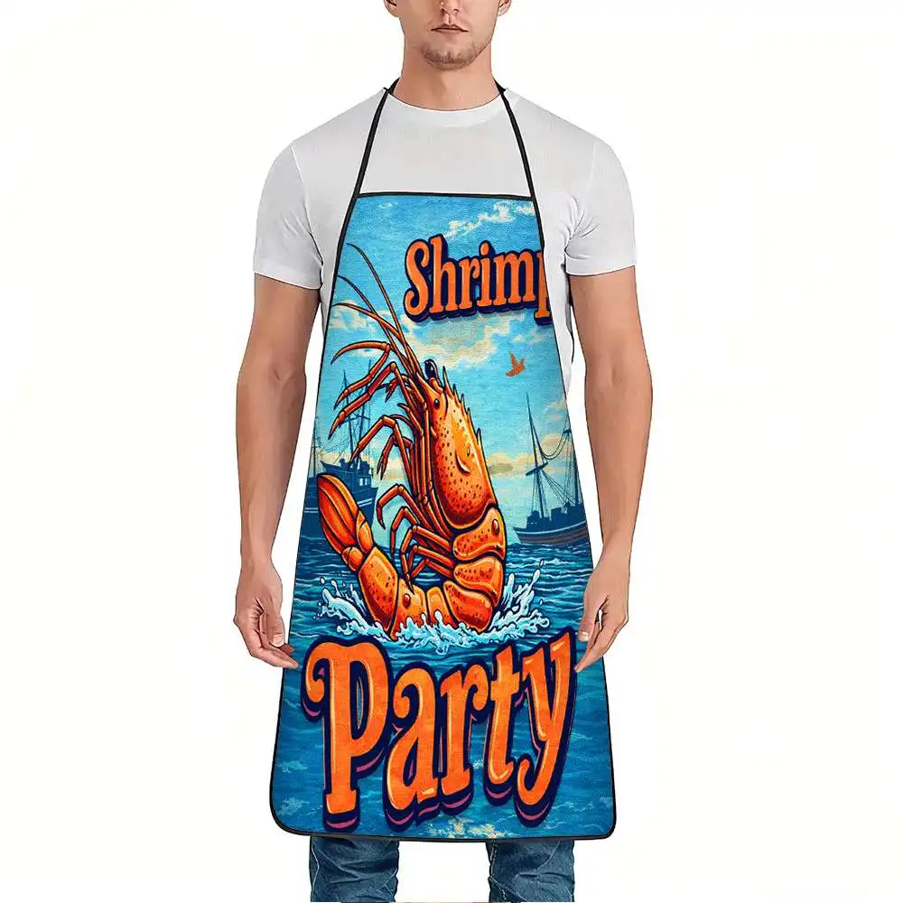 1pc Funny Shrimp & Seafood Print Apron with Shrimp - Adjustable Waistband, Durable Easy-Clean Polyester Bib Suitable for Kitchen